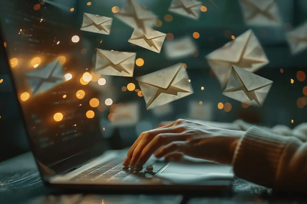 man typing on computer with emails flying