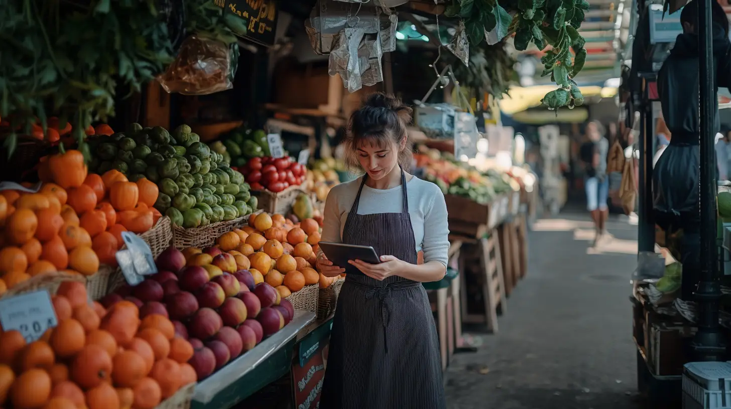 woman looking a a tablet in an open air market